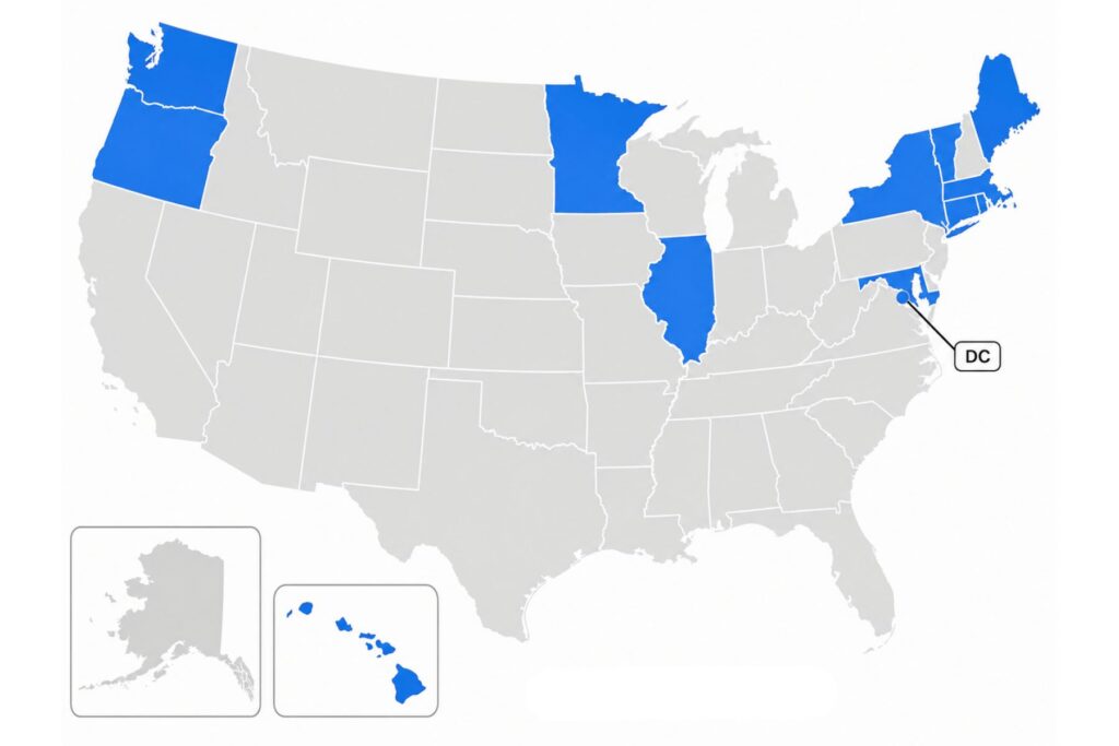 Map showing U.S. states that currently have an estate tax, including Minnesota and the District of Columbia.